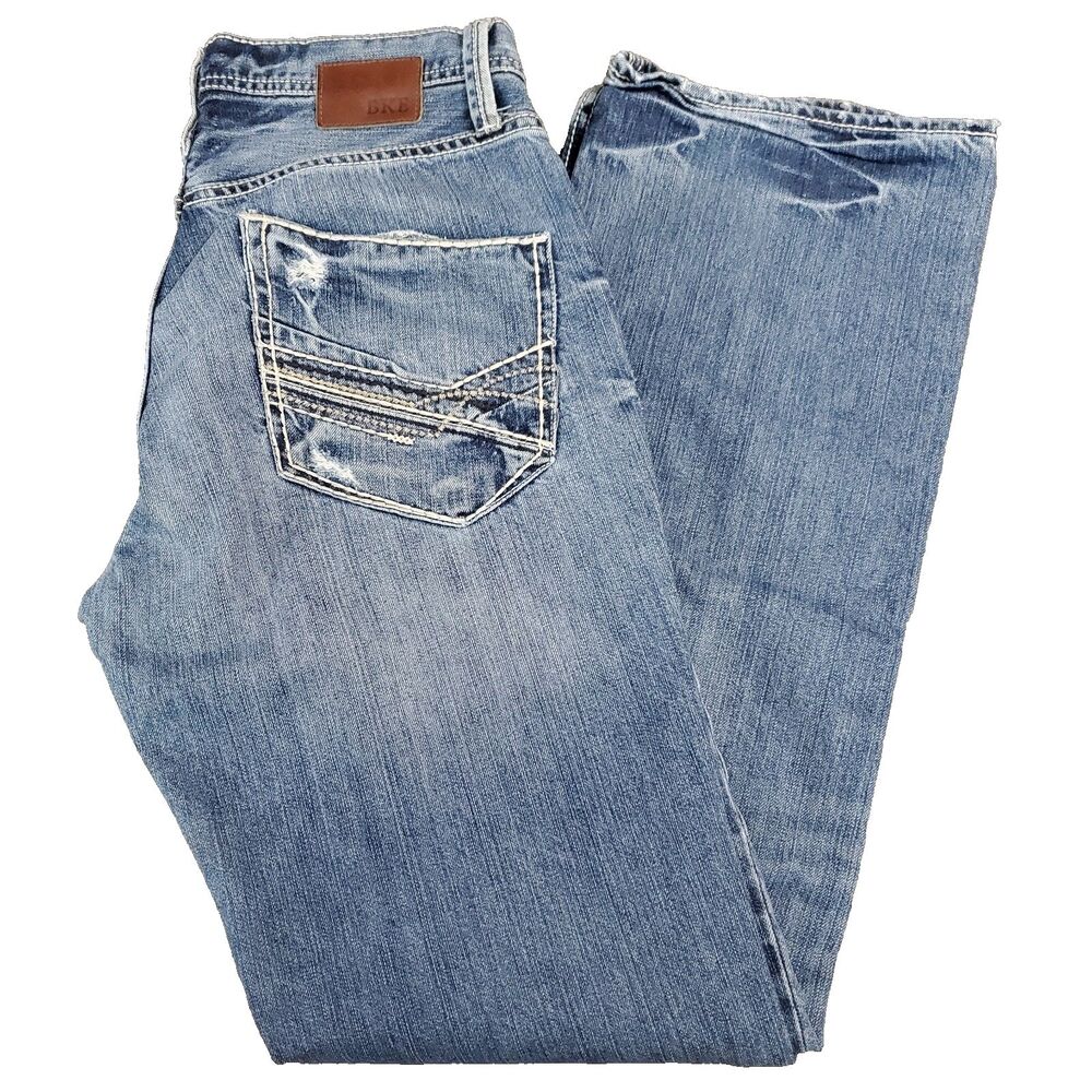 BKE Jeans Mens 30L Blue Carter Straight Denim Pants Distressed Thick Stitch